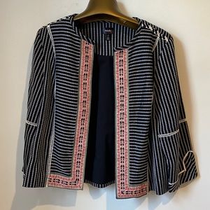 Rafaella black and white striped embroidered pink blazer.